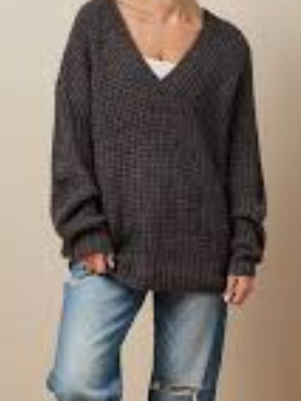 American Eagle Whoa So Cozy waffle V Neck Oversized Black Sweater XS